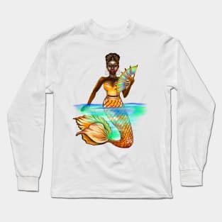 mermaid with gold scales and fan, brown eyes curly Afro hair and dark brown skin. Black mermaids Long Sleeve T-Shirt